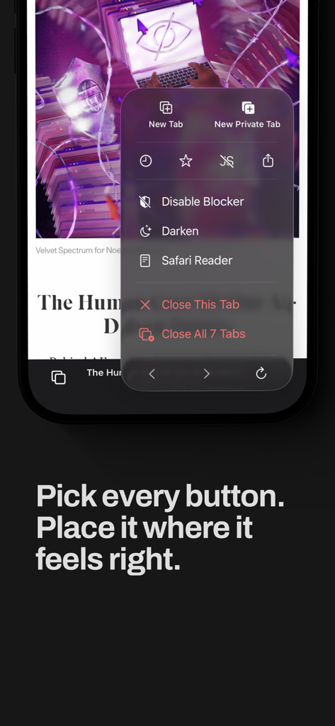 Quiche Browser - A menu in Quiche Browser showing options to customize and place navigation buttons.