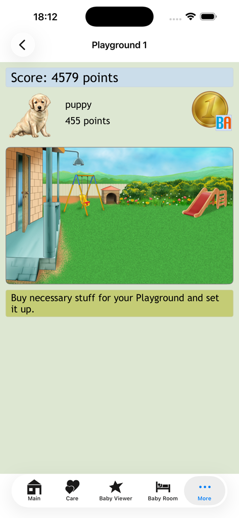 Baby Adopter Holidays - Game screen of Baby Adopter Holidays showing a playground location with a puppy pet and a slide