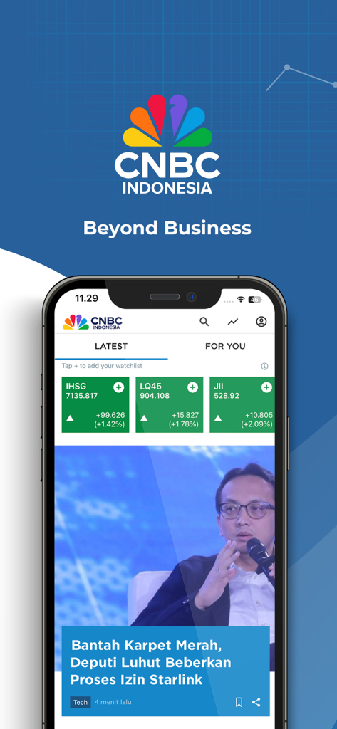 CNBC Indonesia - Market News - CNBC Indonesia mobile app interface with stock market indices and business news