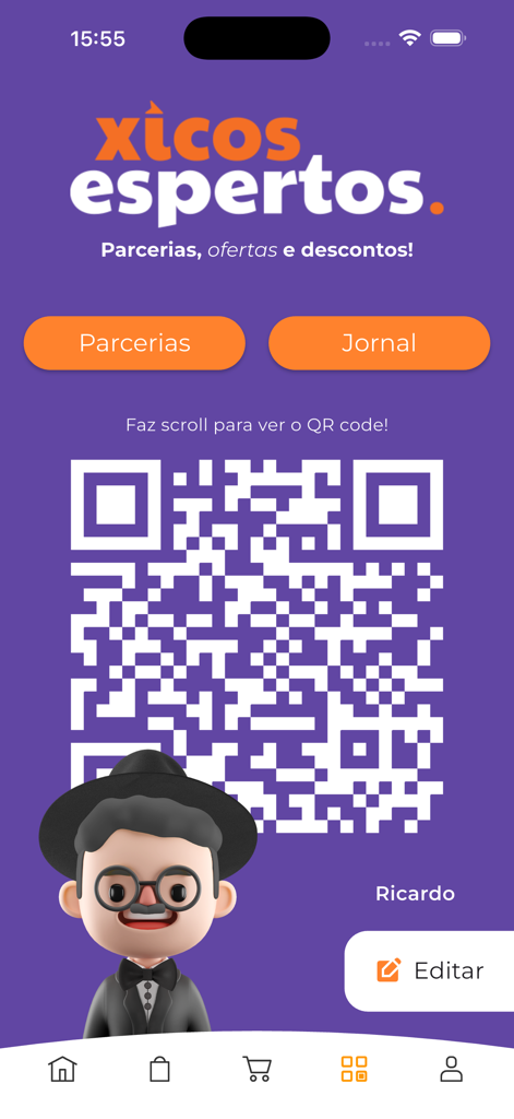 Xicos - Xicos app screen showing a QR code for partnerships and offers with a cartoon avatar
