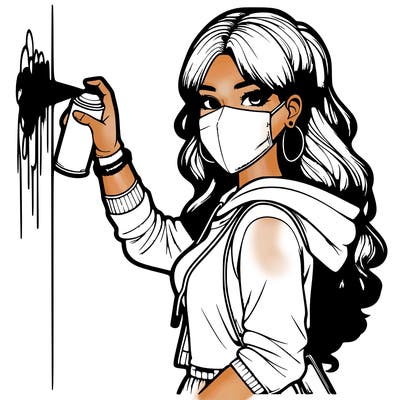 realistic girl with mask spray painting a wall