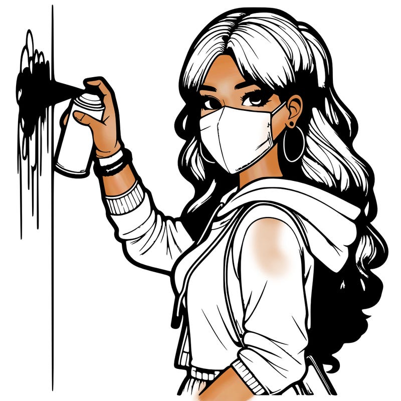 realistic girl with mask spray painting a wall