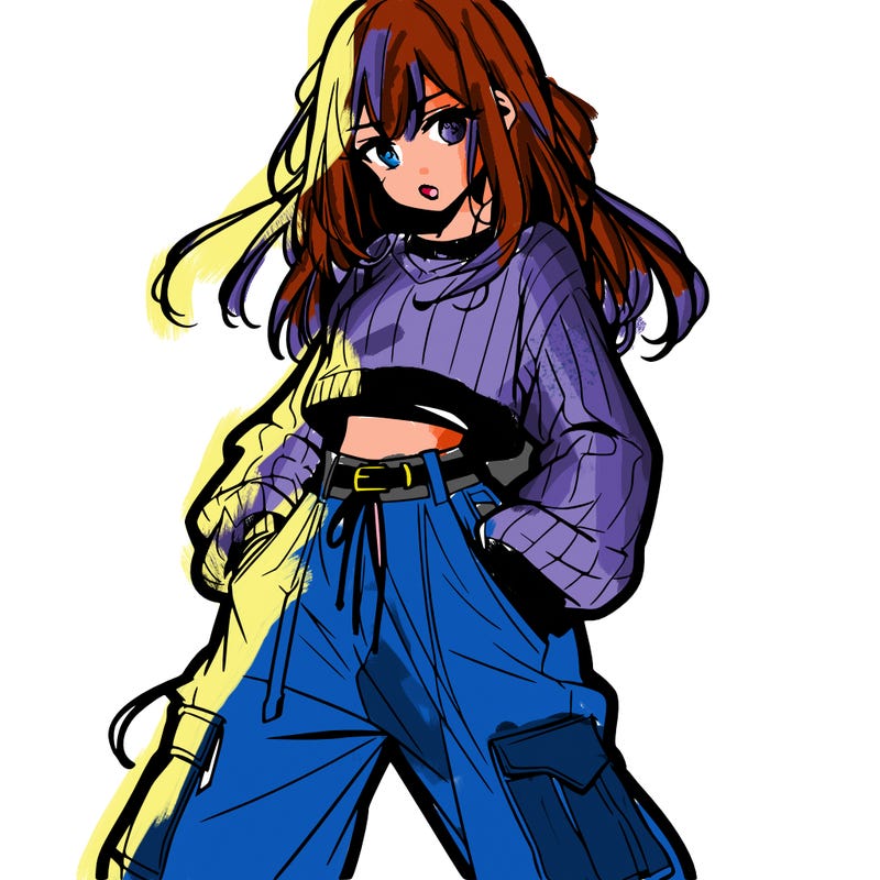 anime teen girl with baggy pants and crop top with sweater
