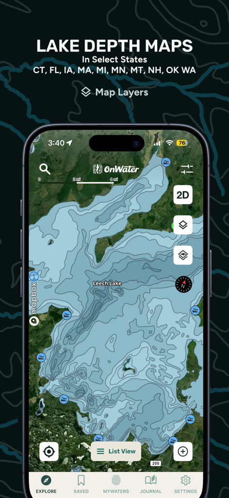 onWater Fish Maps & Forecast - Detailed lake depth map on the onWater fishing app interface.