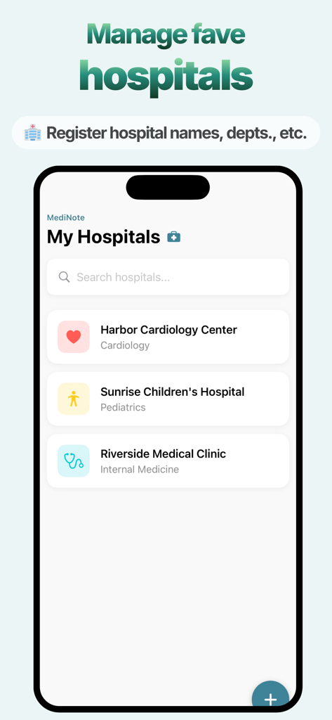 Schermata dell'iPhone dell'app MediNote AI che mostra un elenco di ospedali e cliniche preferiti con i rispettivi reparti medici