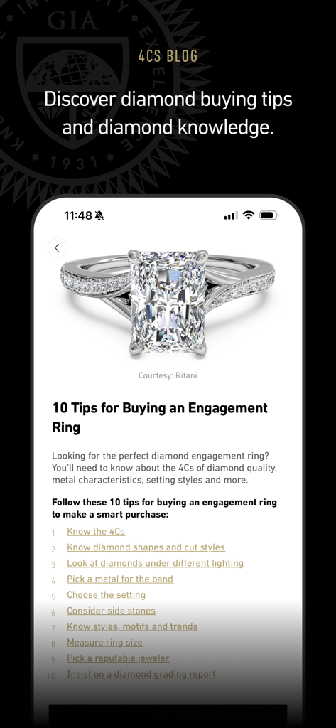 GIA - GIA app screen showing a blog article titled 10 Tips for Buying an Engagement Ring featuring a radiant cut diamond ring