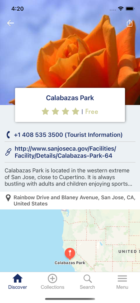 A screenshot of the cityseeker app showing detailed information for Calabazas Park in San Jose including a map and contact details.