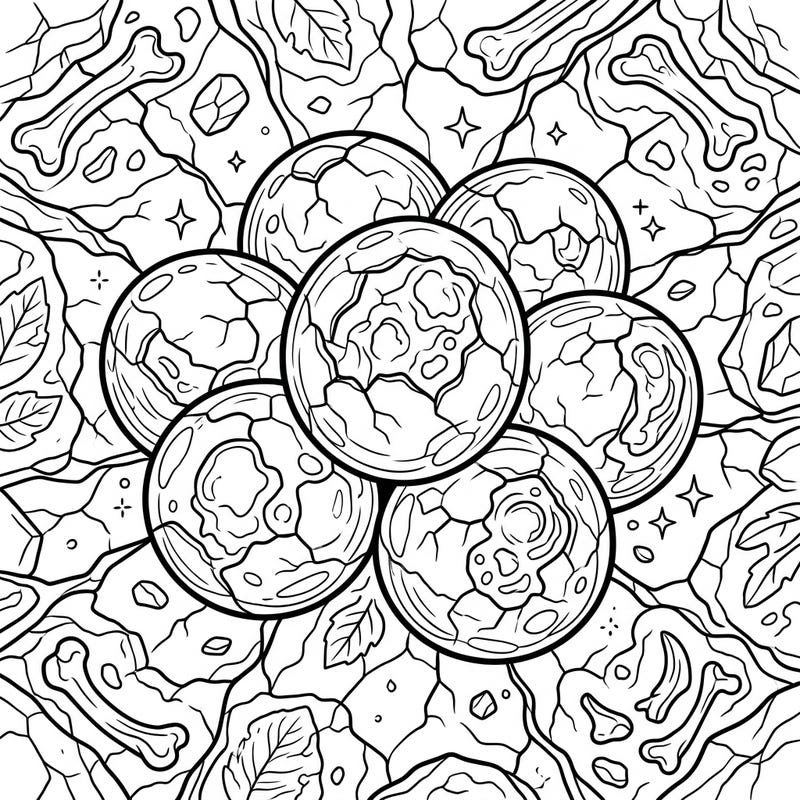 Journey back in time with this fascinating coloring page featuring spherical dinosaur eggs, surrounded by intricate fossil patterns and prehistoric elements. It's a perfect blend of education and creativity, inviting you to bring ancient history to life with your colors.