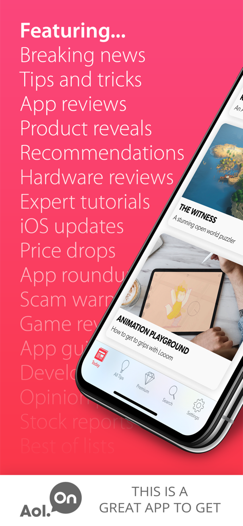 Tips & Tricks Pro - for iPad - Smartphone showing the Tips and Tricks Pro app interface with a list of features including news and app reviews