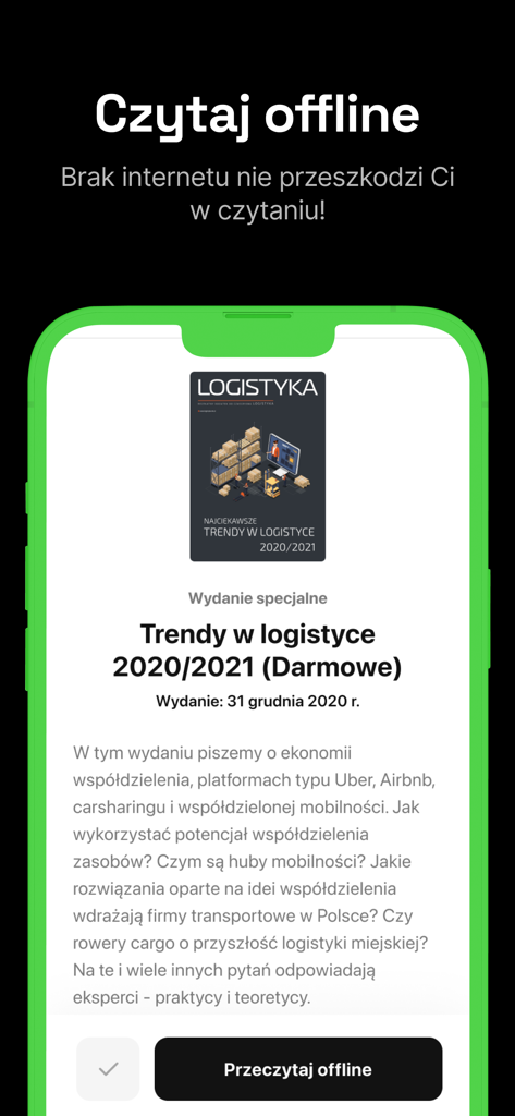 Czasopismo Logistyka - Interfaz de la aplicación Revista de Logística que muestra la función de lectura sin conexión para artículos de la industria