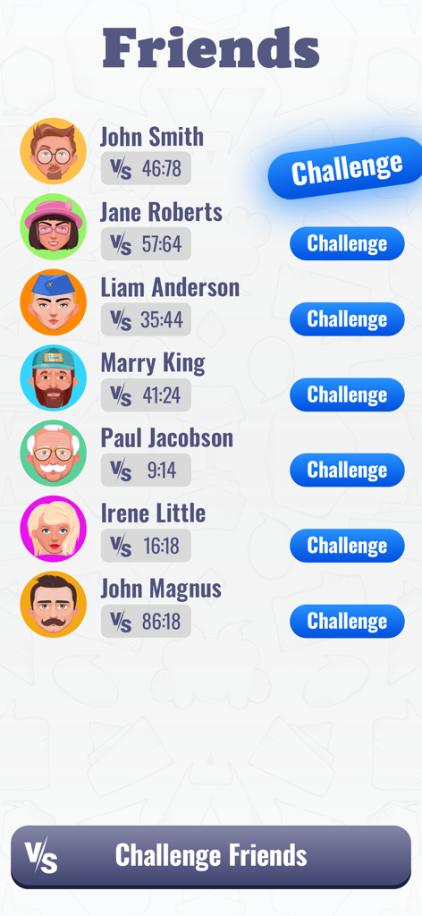 Sudoku Multiplayer Challenge - Pantalla de lista de amigos con avatares y botones de desafío en la aplicación Sudoku Multiplayer Challenge