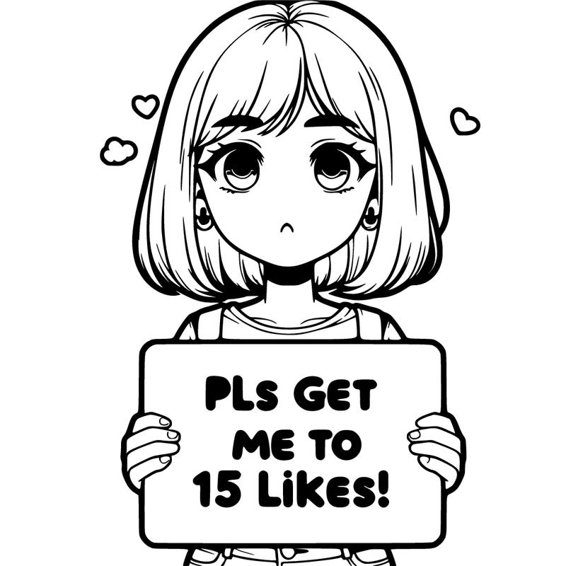 realistic girl holding up a sign that says “pls get me to 15 likes!”
