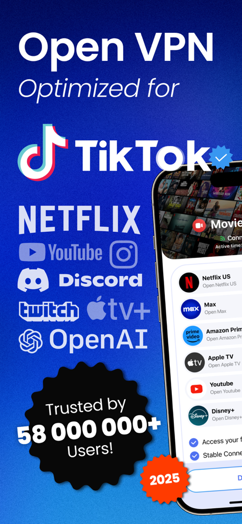 VPN Lumos app interface optimized for TikTok Netflix and popular streaming services