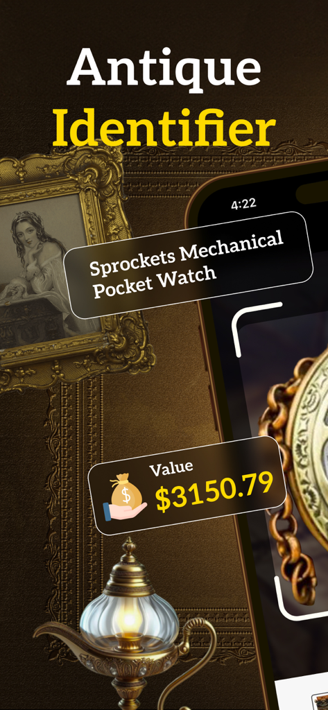 RelicSnap - Antique Identifier - Interface do aplicativo RelicSnap identificando um relógio de bolso antigo e seu valor de mercado