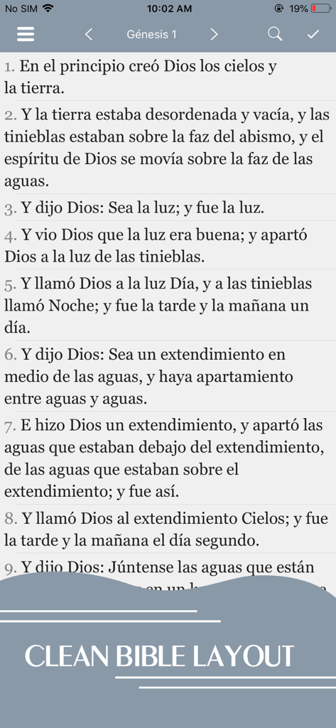 La Biblia · - Interface de l'application La Biblia montrant des versets espagnols du chapitre un de la Genèse avec une mise en page de lecture épurée