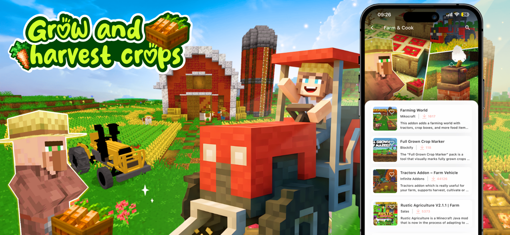 Screenshot of the Furniture mod for Minecraft PE app featuring farming world mods and a character driving a tractor