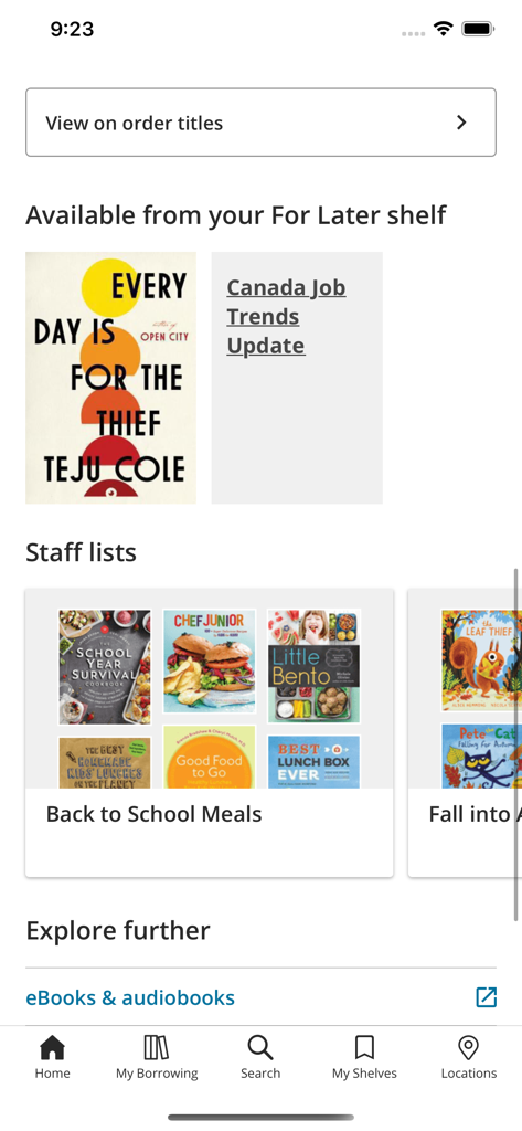 Schermata principale dell'app OPL Mobile che mostra raccomandazioni di libri, elenchi curati dallo staff e un menu di navigazione