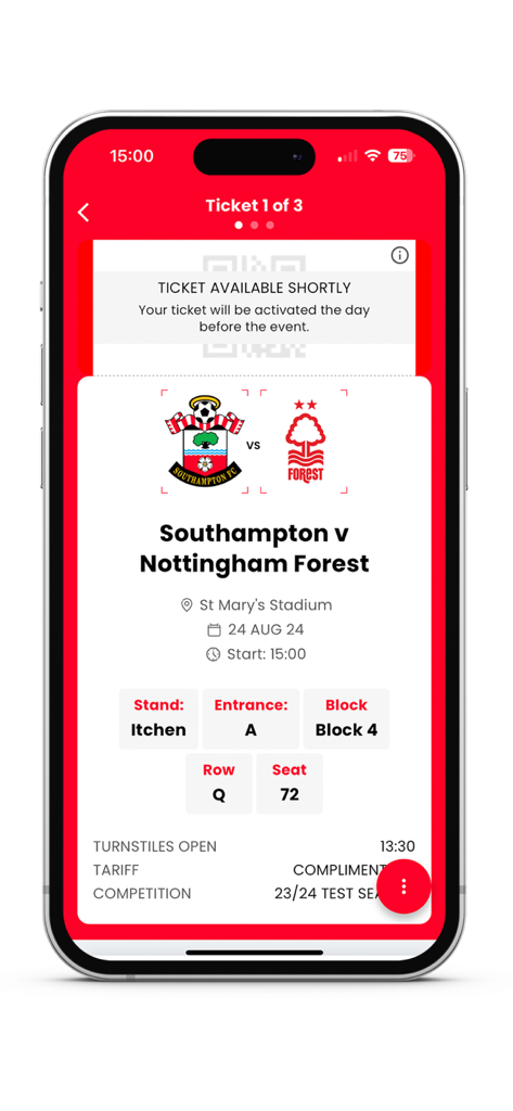 사우스햄튼 FC 경기 입장권 모바일 앱의 사우스햄튼 대 노팅엄 포레스트 경기 디지털 입장권.