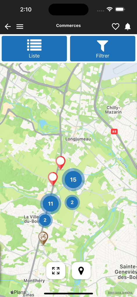 myMairie - A map interface within the myMairie app displaying local business locations and categorized service markers.