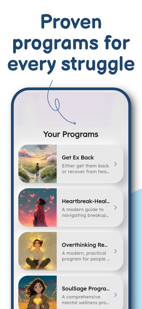 SoulSage: Emotional Healing - SoulSage app interface showing personalized healing programs for heartbreak and overthinking