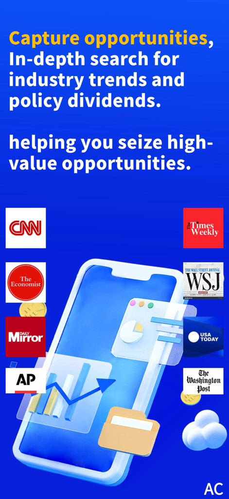 Monitor AI: News-Summarize - Pantalla de la aplicación Monitor AI que muestra tendencias de noticias de fuentes importantes como WSJ y CNN para ayudar a aprovechar oportunidades de alto valor.