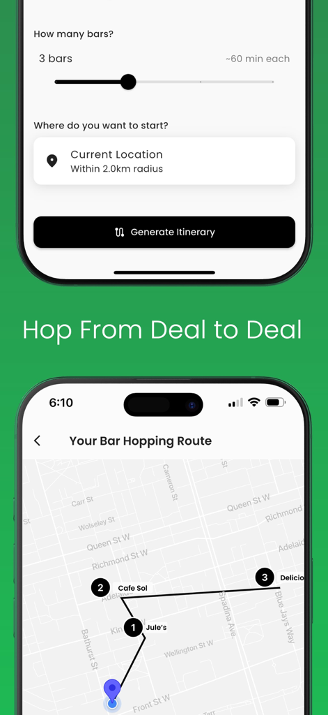 Happi Hour: Happy Hour Finder - Un'interfaccia mobile che mostra una mappa di itinerario personalizzato per bar hopping con tre tappe per offerte happy hour.