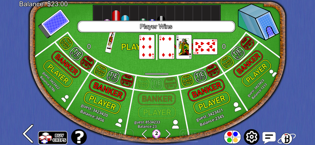 Vue de dessus d'une table de Baccarat virtuelle avec des cartes et des zones de paris sur du feutre vert