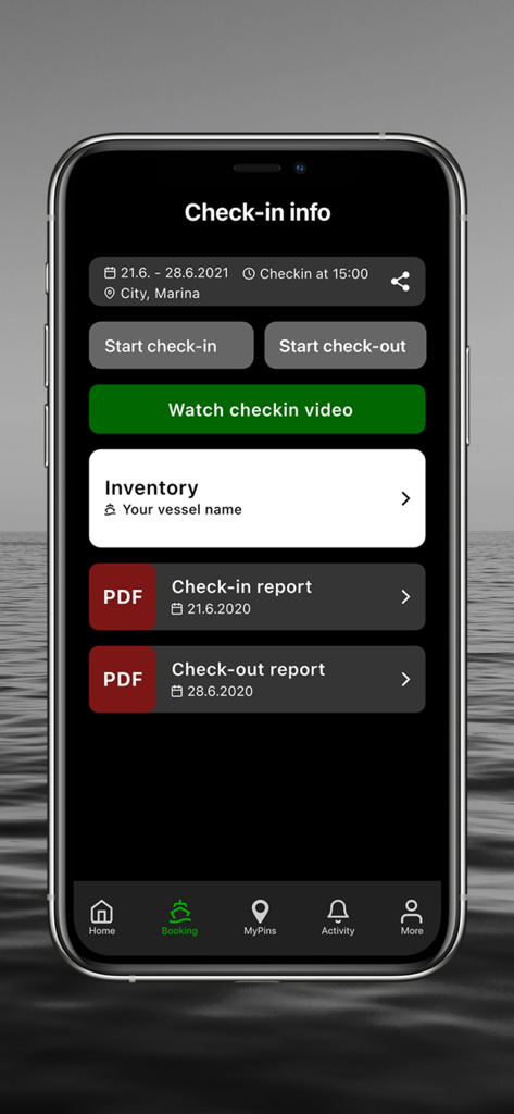 Screenshot of The Charter App check-in information screen featuring boat rental reports and inventory