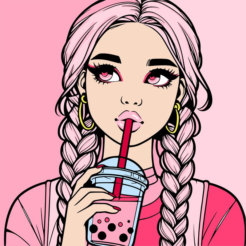 realistic girl with braided hair drinking boba