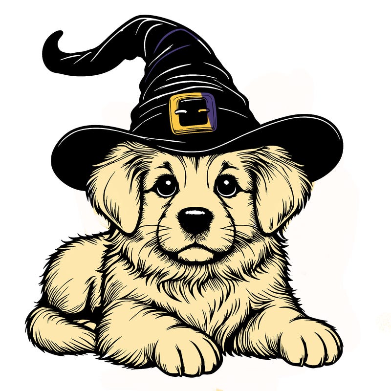 realistic dog with witch hat