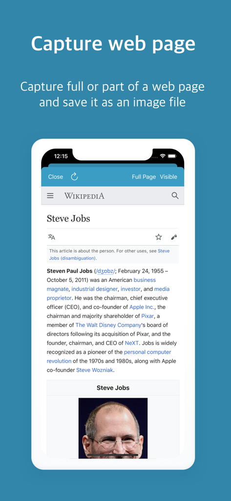 WebCapture app interface on iPhone showing a full page web capture of a Wikipedia article.