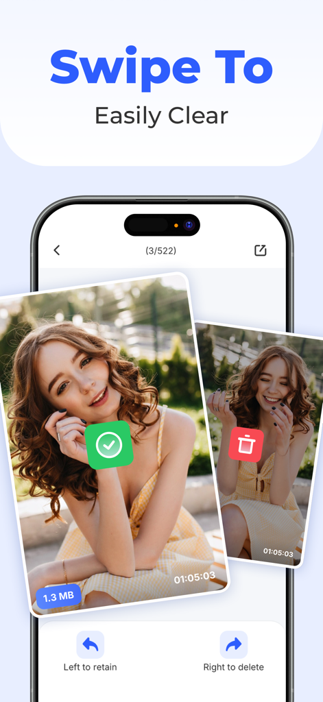 CleanerMate-Storage Ai cleaner - User interface of CleanerMate app showing a swipe-to-clear feature where users swipe left to keep photos or right to delete them.