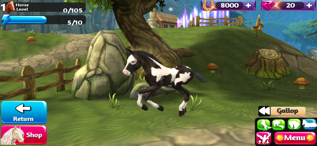 Um potro malhado preto e branco a galopar por um campo verde no jogo de simulação 3D Horse Paradise