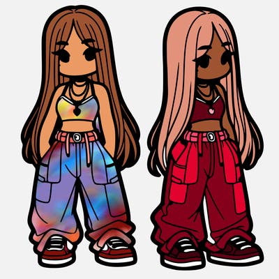 girl in baggy pants crop top and long hair