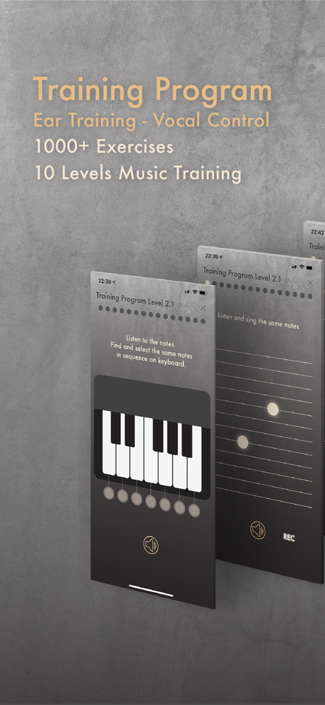 Screen showing the 10 level music training program with ear training and vocal control exercises
