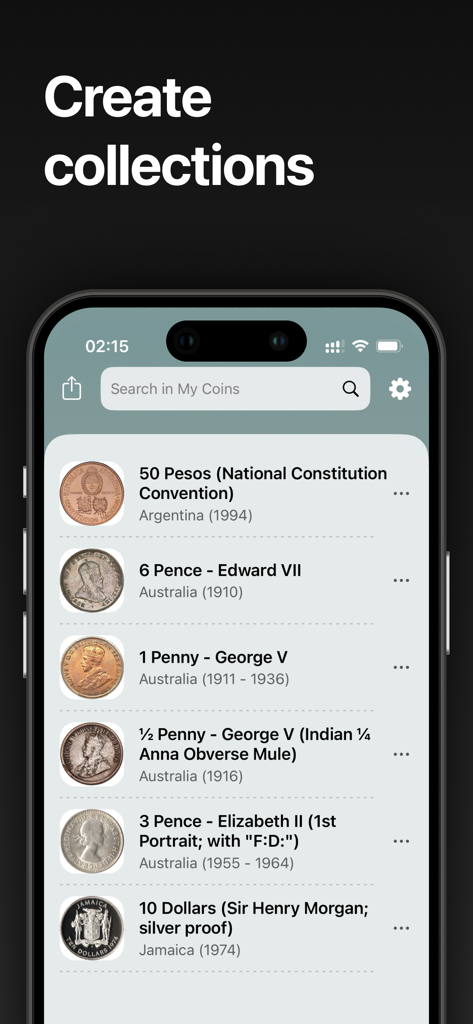 Interface of the CoinCheck app showing a list of identified international coins in a digital collection.