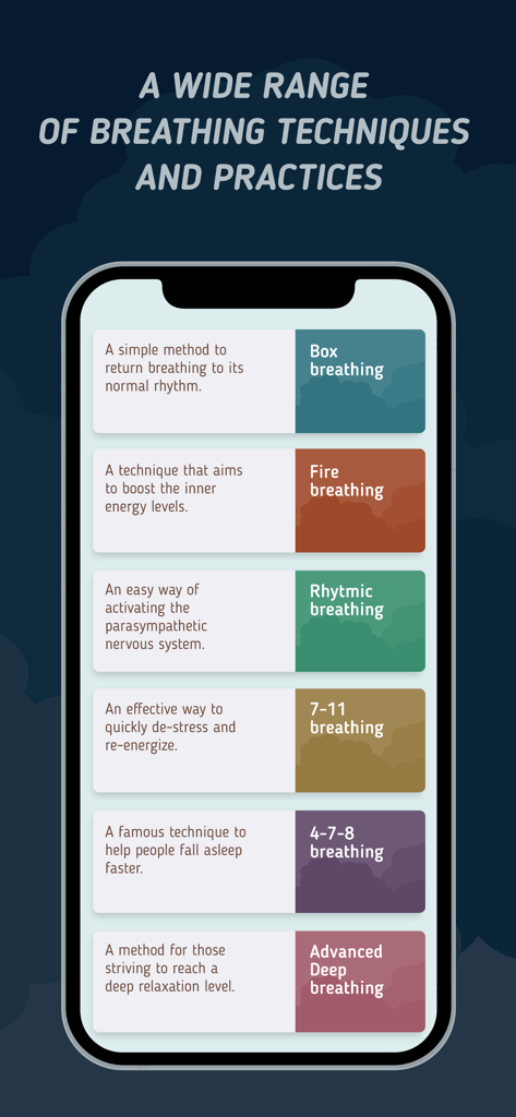 A menu of various breathing techniques in the Breah app including Box breathing and 4-7-8 breathing
