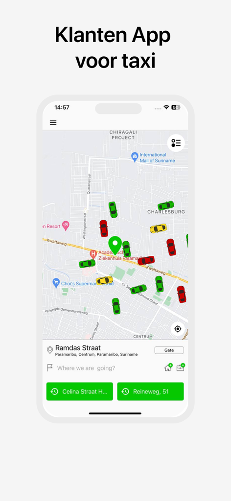 Interfaz de la aplicación Hertog Taxi mostrando un mapa en tiempo real con ubicaciones de taxis y opciones de reserva