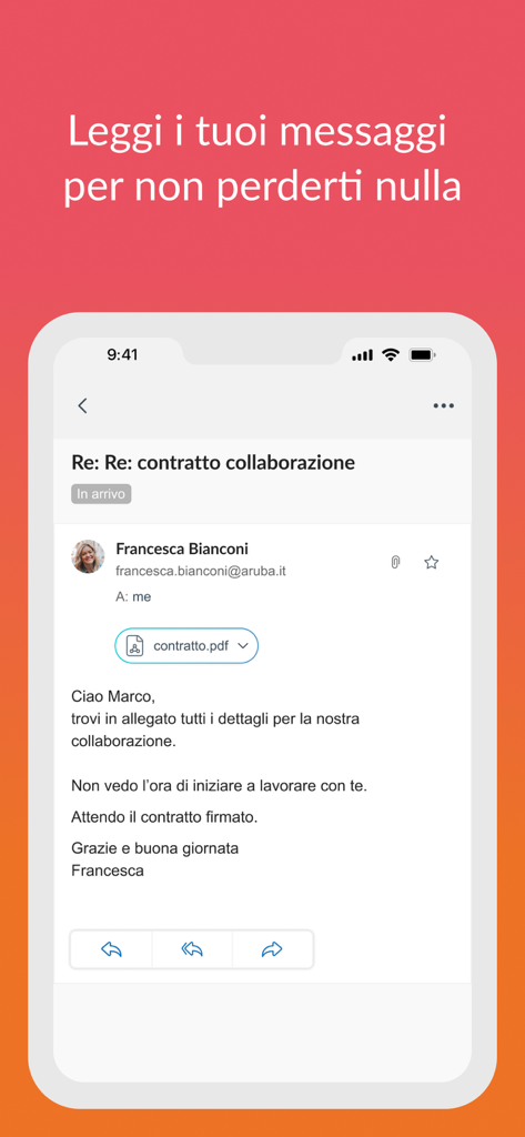 Interfaccia dell'app Aruba Mail che mostra un'email professionale aperta con un allegato PDF su un dispositivo mobile