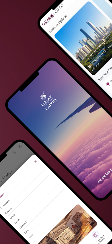 Interface screens of the QR Cargo mobile app showing logistics tracking and network updates.