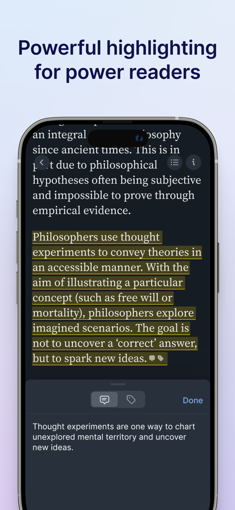 Readwise Reader - Interfaz de la aplicación móvil Readwise Reader que muestra resaltados de texto y notas en un artículo de filosofía.
