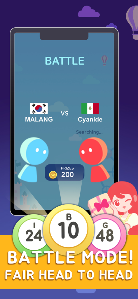 Coverall Bingo app screenshot showcasing the fair head to head battle mode with two players competing for a prize of 200 coins