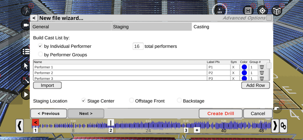 Pyware 3D - Pyware 3D mobile app showing the Casting configuration within the New File Wizard for creating marching band drills.