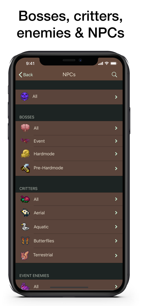 Uno screenshot dell'app Pocket Wiki per Terraria che mostra un elenco categorizzato per Boss, Creature e NPC.