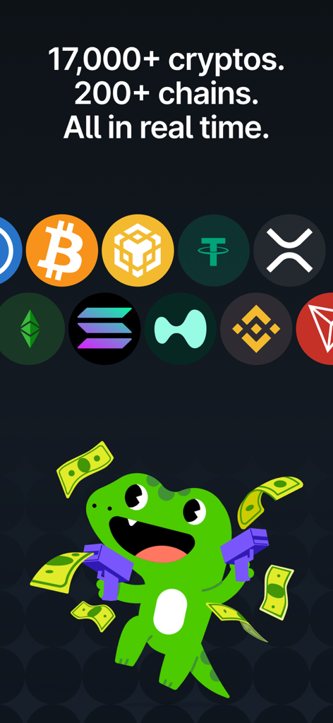 CoinGecko: Crypto Tracker - CoinGecko mascot gecko with cash guns and cryptocurrency logos showcasing real time market data for seventeen thousand cryptos.