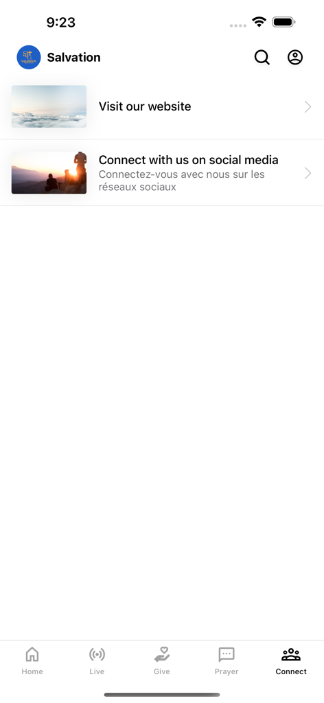 Salvation Church of God - Connect tab of the Salvation Church of God mobile app showing links to the website and social media accounts in English and French