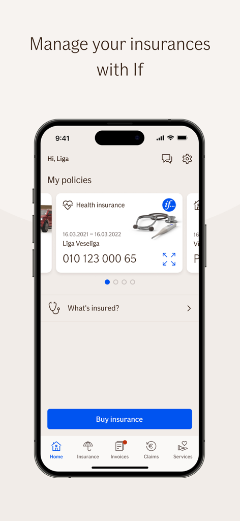 Interfaccia dell'app If Mobile Baltics che mostra i dettagli della polizza assicurativa sanitaria su uno schermo di iPhone.