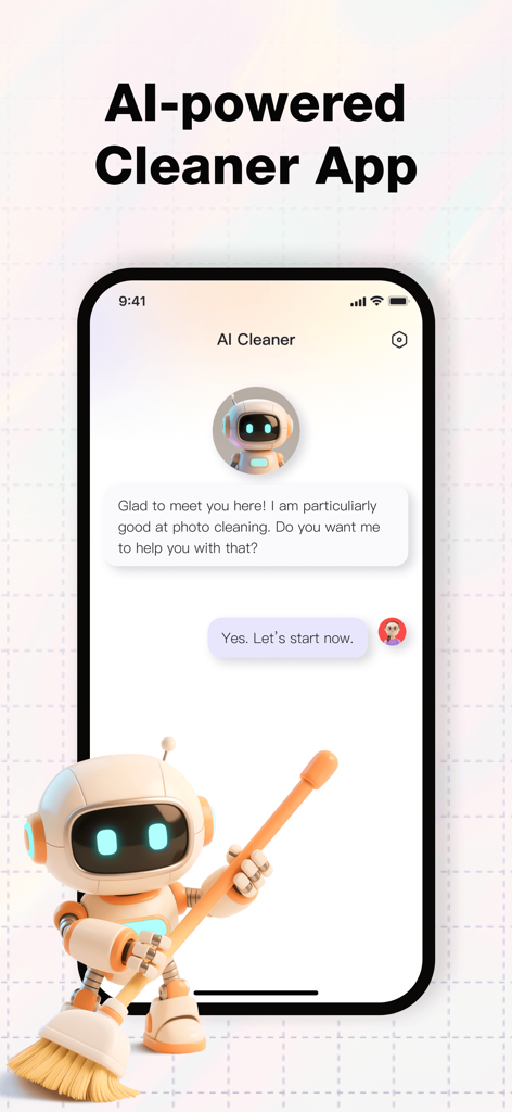 AI-powered cleaner app interface featuring a chat with a robot assistant to organize and clean photo gallery