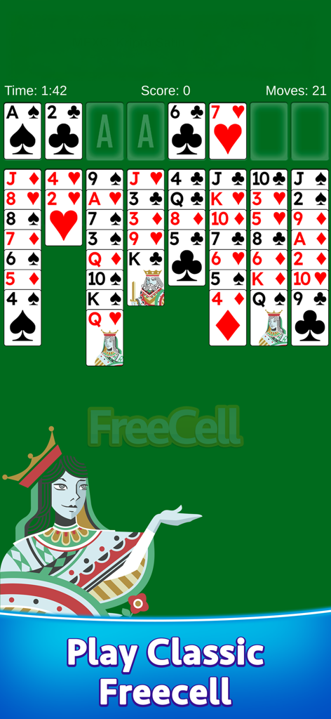 Tablero de juego clásico de FreeCell Solitaire con un diseño de cartas claro y una interfaz fácil de leer