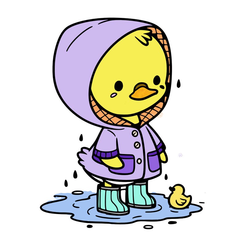 baby duck in a rain coat and boots, in a puddle while it’s raining